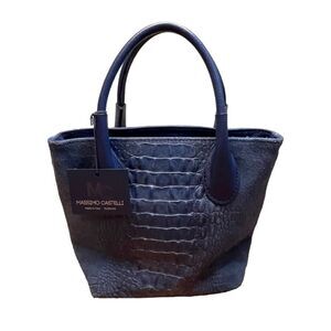 Massimo Castelli Top Handle Bag Blue Italian Leather Suede Crocodile Purse